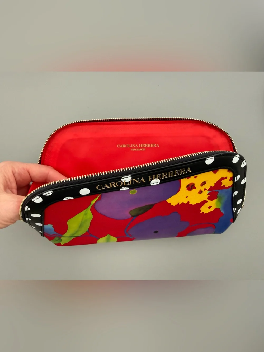 Carolina Herrera Red Floral Cosmetic Pouch with Polka-Dot Trim